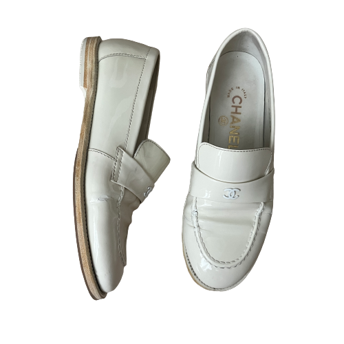 chanel patent white loafers 34.5